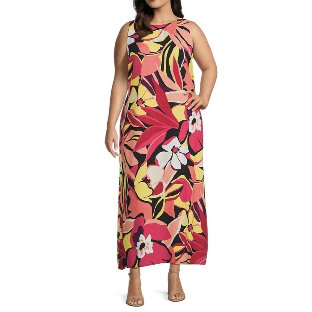 Slim Factor By Investments Women Fancy Floral Print Kelly Maxi Dress Sz 1X New